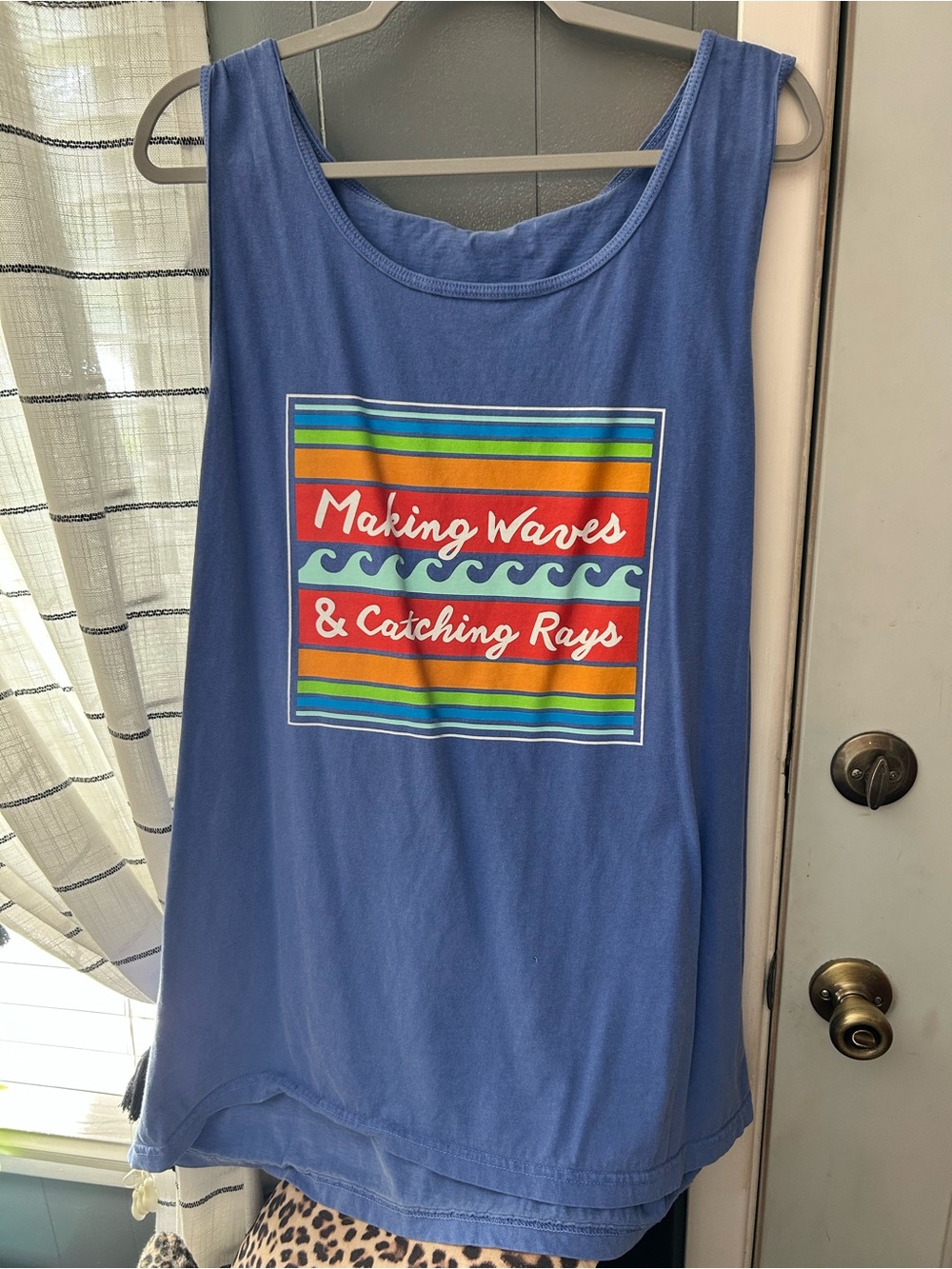 Comfort Colors Blue Graphic Tank with Multicolor Stripes